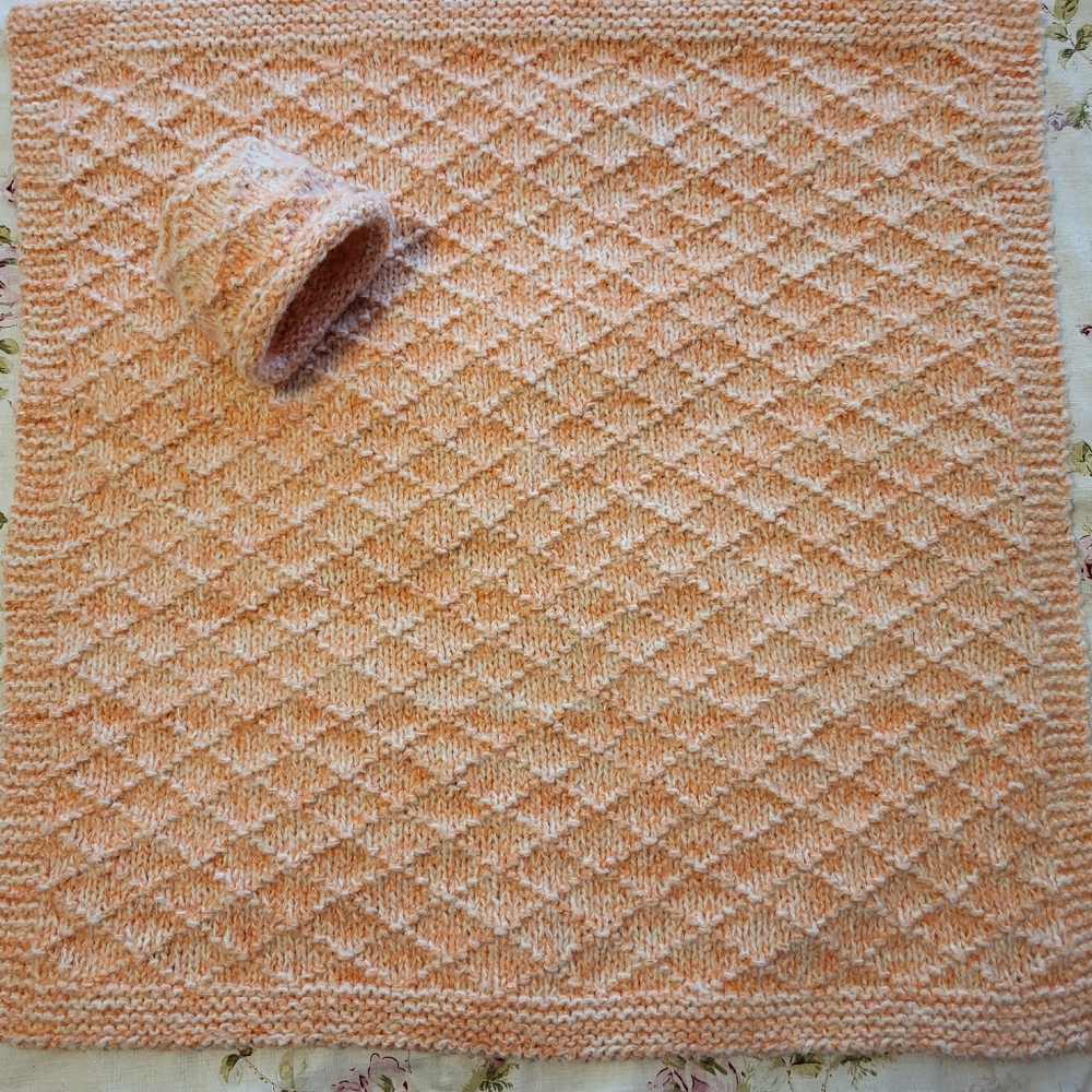 Hand Knit Preemie - Newborn blanket and matching hat, cream and tangerine 26x26
